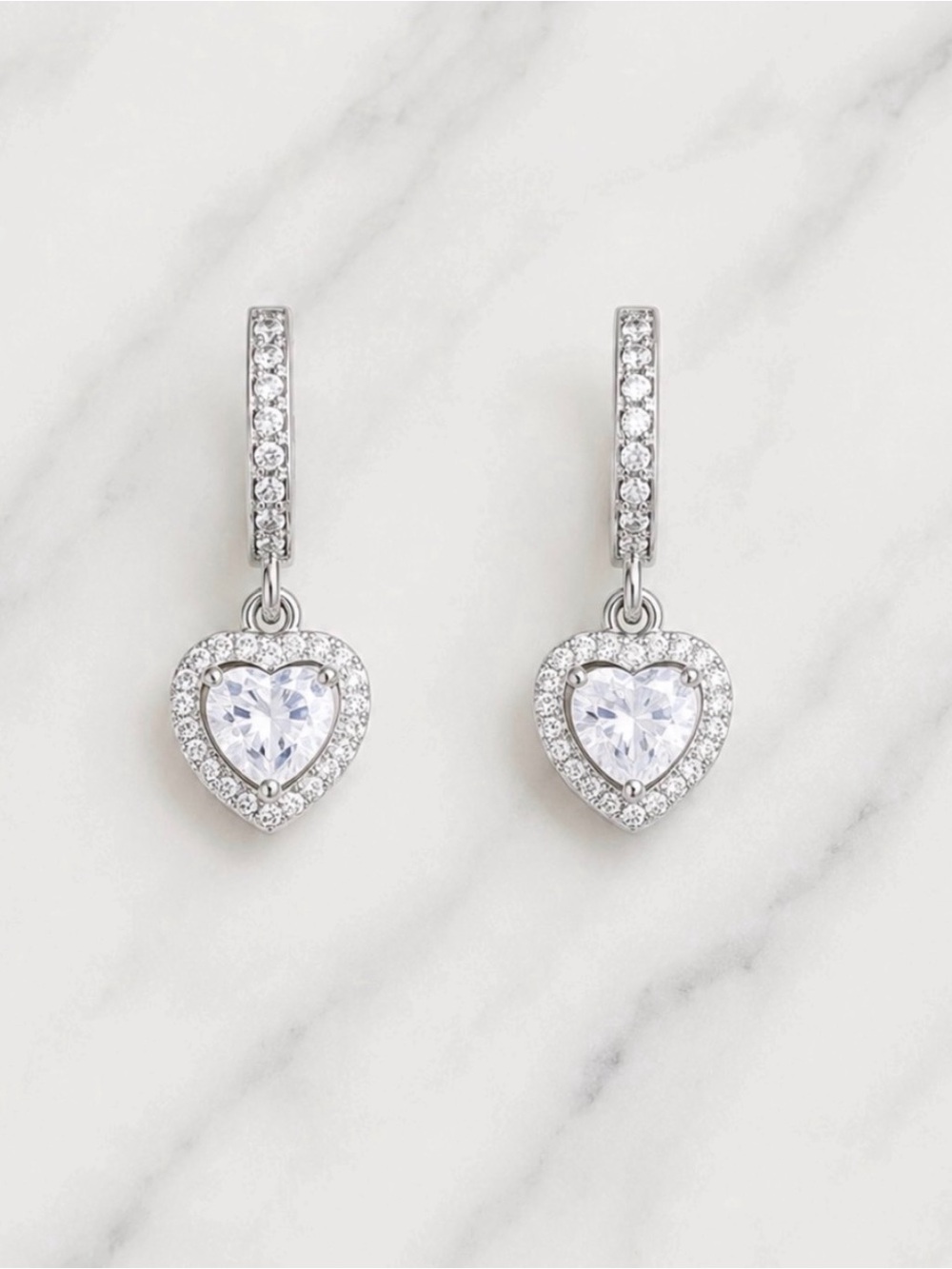 Heart Halo Drop Earrings with Clear Stones-Silver Tone Hardware
